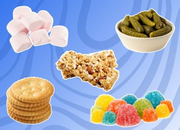 five different foods on a blue background