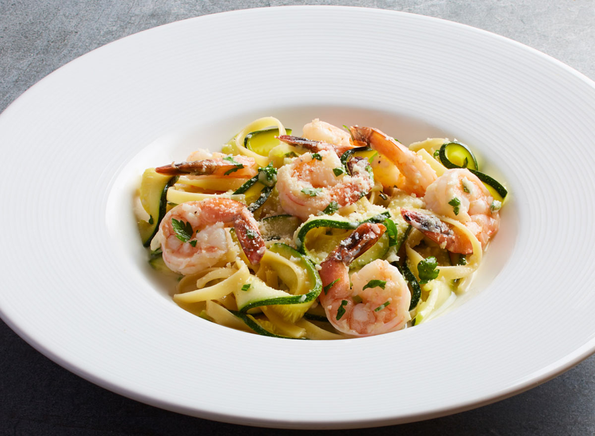 Healthiest restaurant dish California pizza kitchen zucchini shrimp scampi