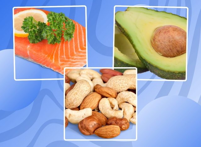 a collage of healthy fat foods including avocado, nuts, and salmon on a designed blue background