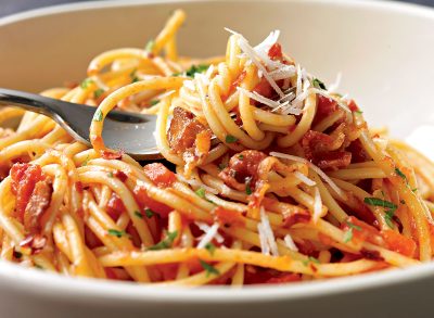 Spaghetti with Spicy Tomato Sauce and Bacon Recipe — Eat This Not That