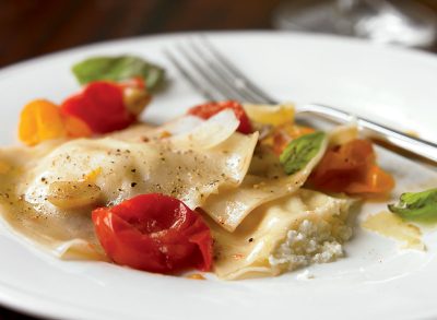 Vegetarian 3 cheese ravioli with cherry tomatoes