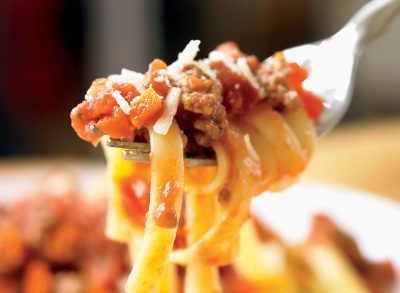 Pasta bolognese recipe on fork