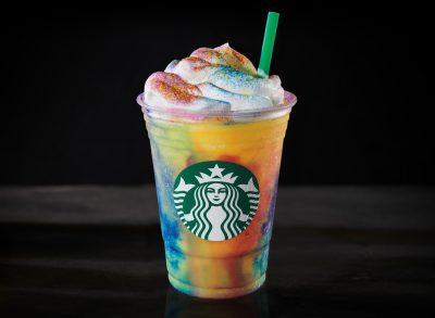 starbucks tie dye frappuccino on a black background