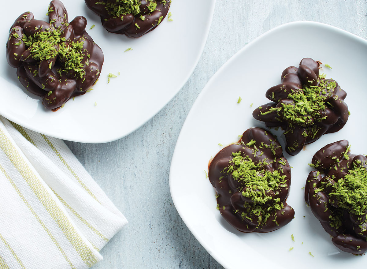 Dark Chocolate-Covered Almond Clusters With Coconut-Matcha Sprinkle Recipe image