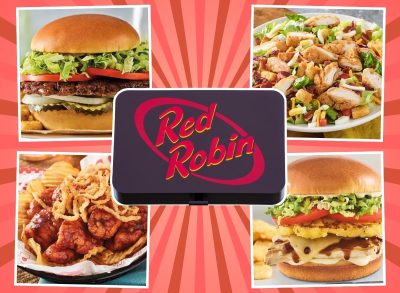 Red Robin sign and menu items on a red background