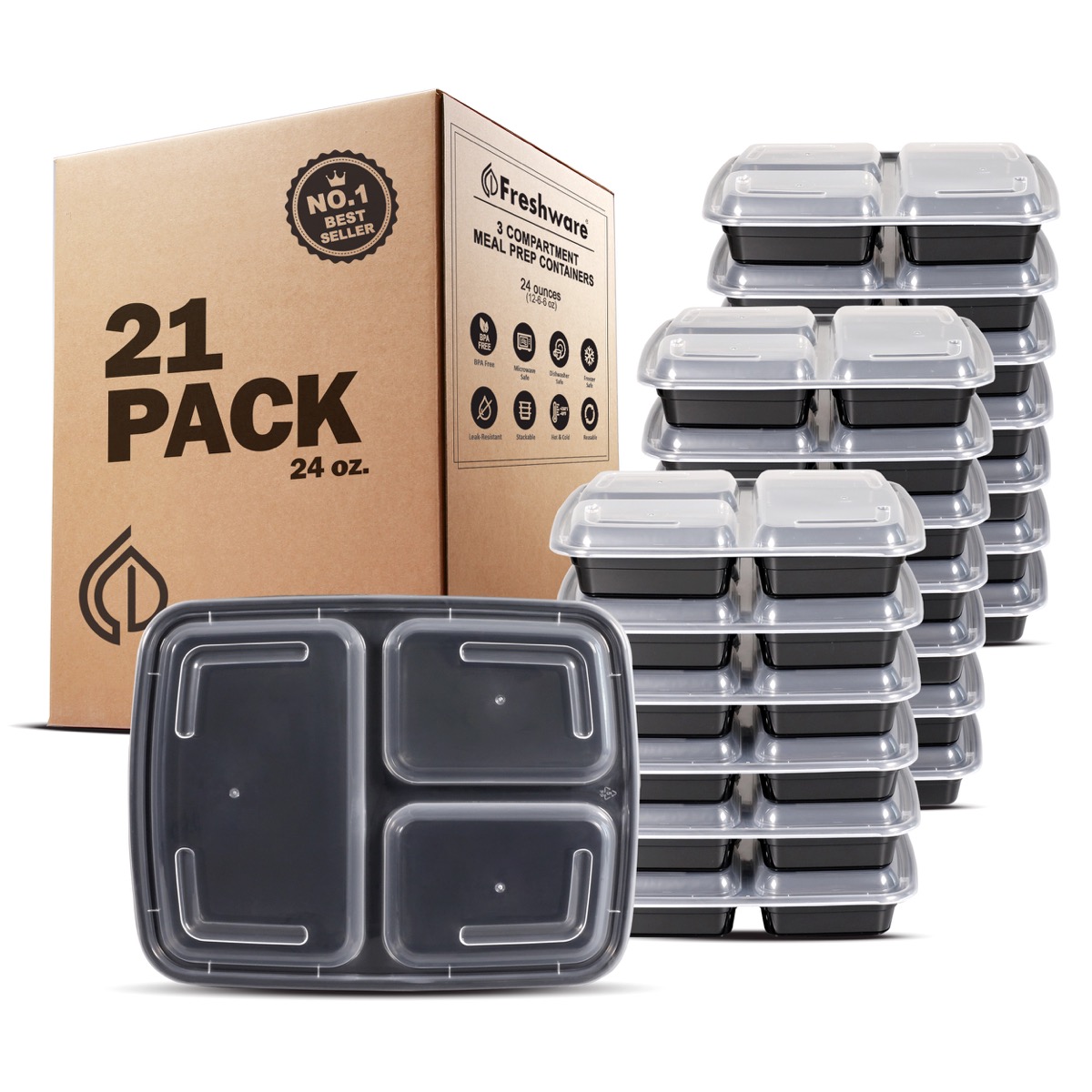 black meal prep containers with clear tops and brown cardboard box, cheap meal prep containers