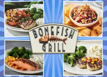 collage of four bonefish grill menu items around bonefish grill sign