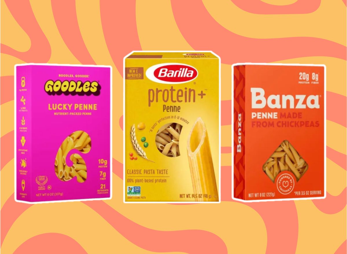 three boxes of pasta on a yellow and pink background