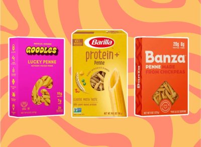 three boxes of pasta on a yellow and pink background