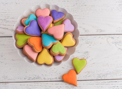 colorful royal icing heart cookies