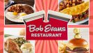 Bob Evans sign and four menu items on a red striped background