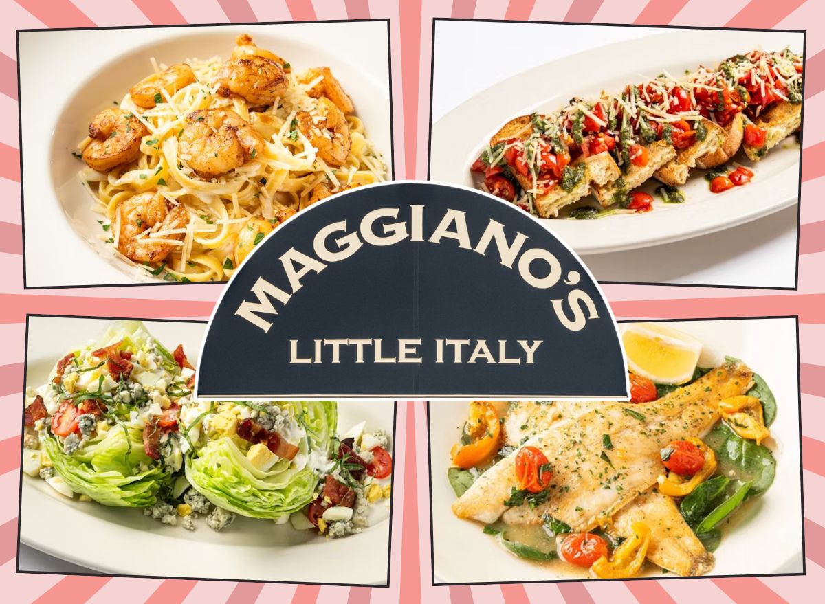 four menu items from Maggiano's on a light red background