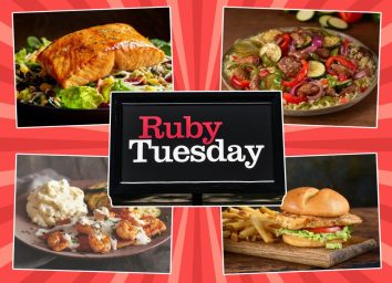 Ruby Tuesday sign with four menu items on a red background
