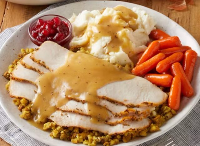Bob Evans Slow-Roasted Turkey and Dressing with Onion Rings and Loaded Mashed Potatoes