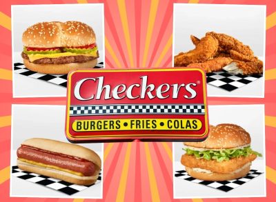Checkers sign and four menu items on a red and yellow background