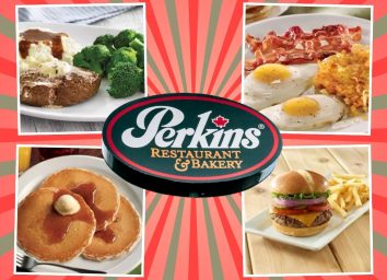 Perkins sign and meals on a red and green background