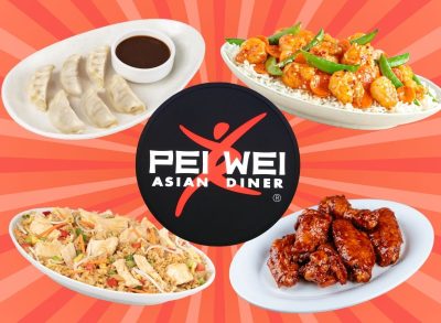 four Pei Wei dishes and sign on a red background