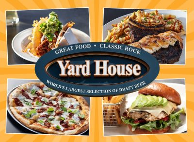 four menu items from Yard House on a yellow background