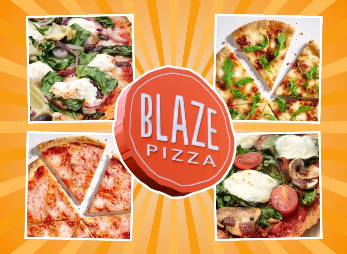 Blaze Pizza sign and four menu items on an orange background