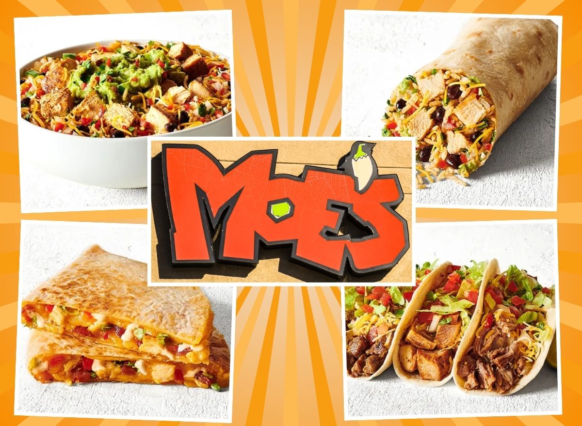four Moe's menu items and sign on a yellow background