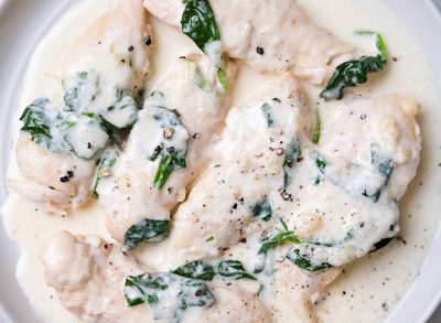 creamy chicken with spinach and cracked black pepper from an instant pot