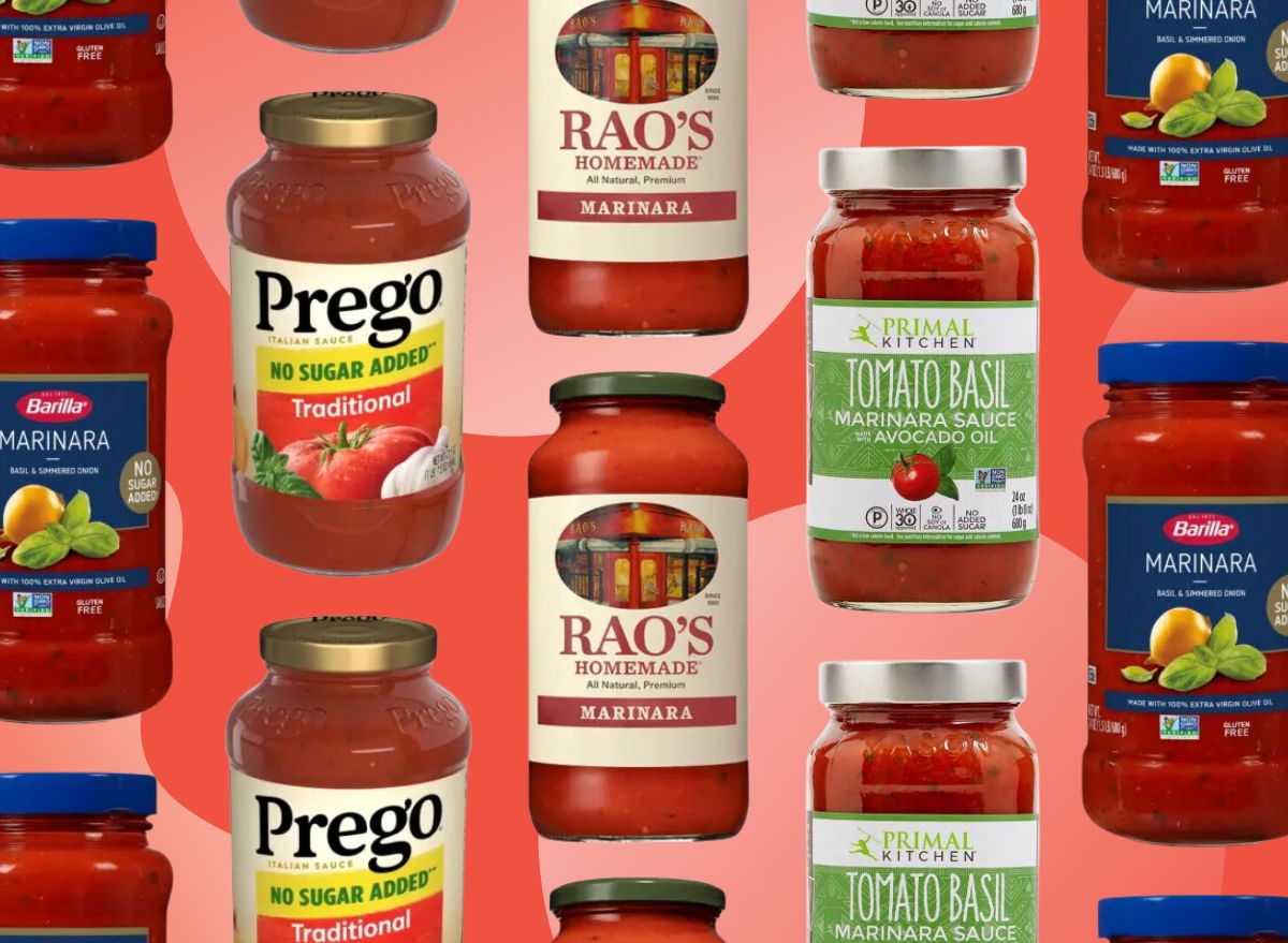 jars of pasta sauce brands on a red background