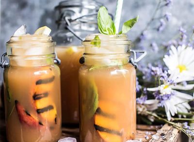 arnold palmers made with grilled peaches and basil