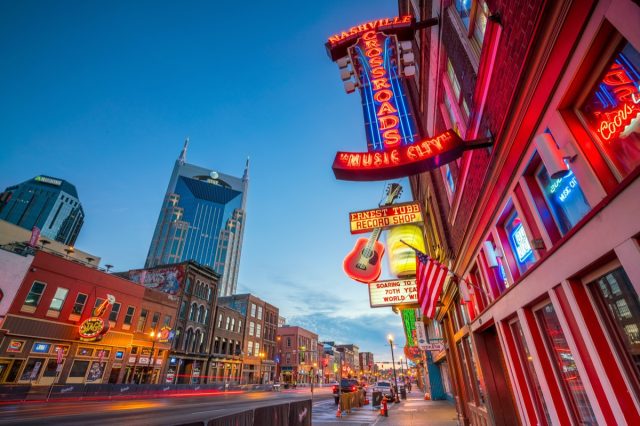 Neon signs on Lower Broadway Area on November 11, 2016 in Nashville, Tennessee, USA