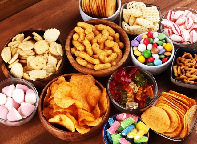 unhealthy snack foods in bowls