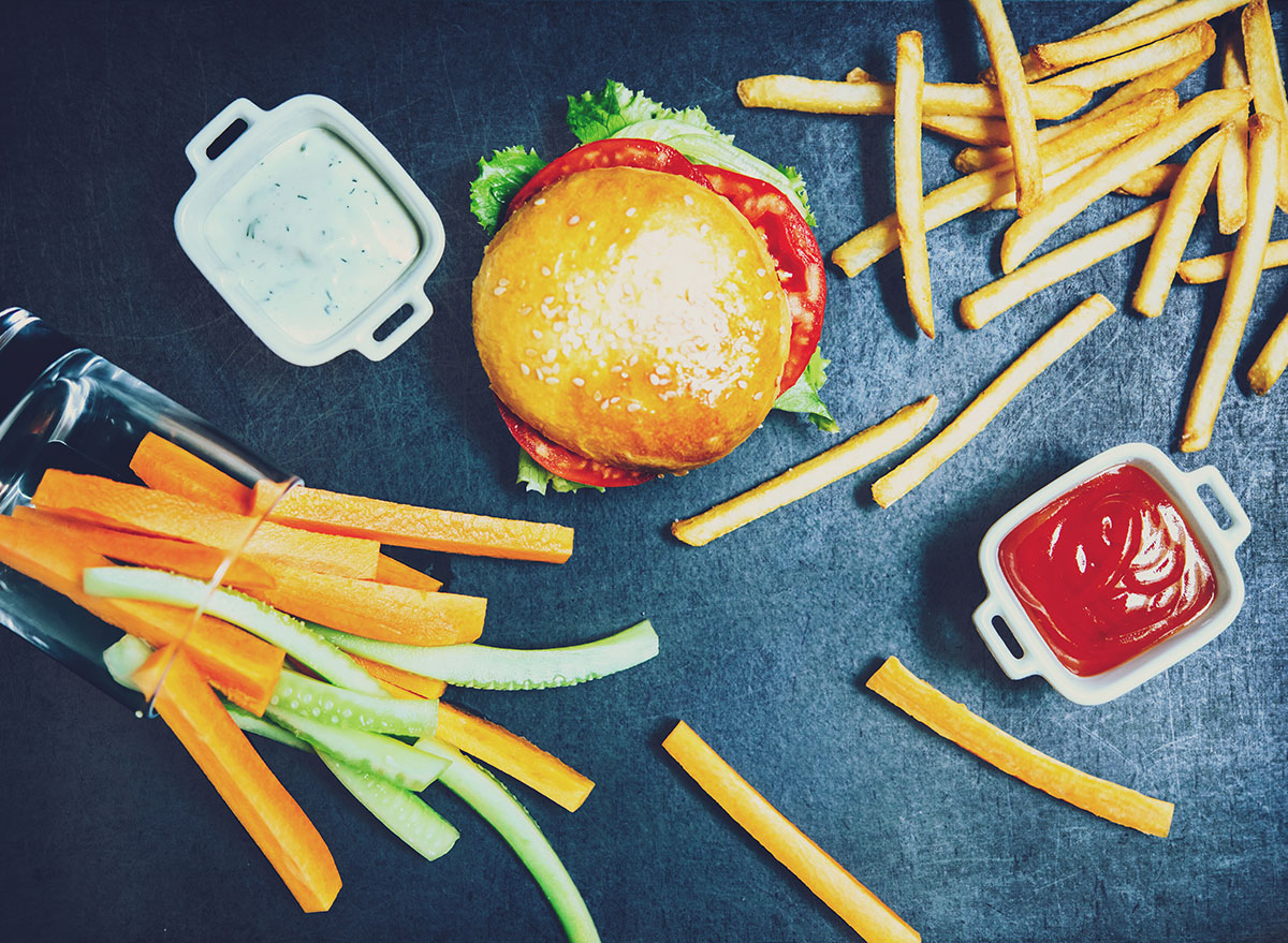 Kids meals fast food. French Fries Top view.