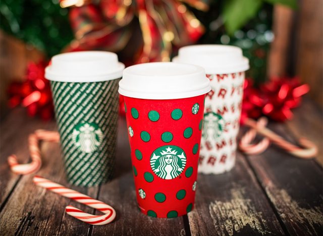 trio of starbucks holiday cups