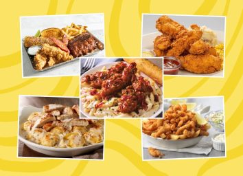 five high-calorie restaurant meals on a yellow background