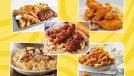 five high-calorie restaurant meals on a yellow background