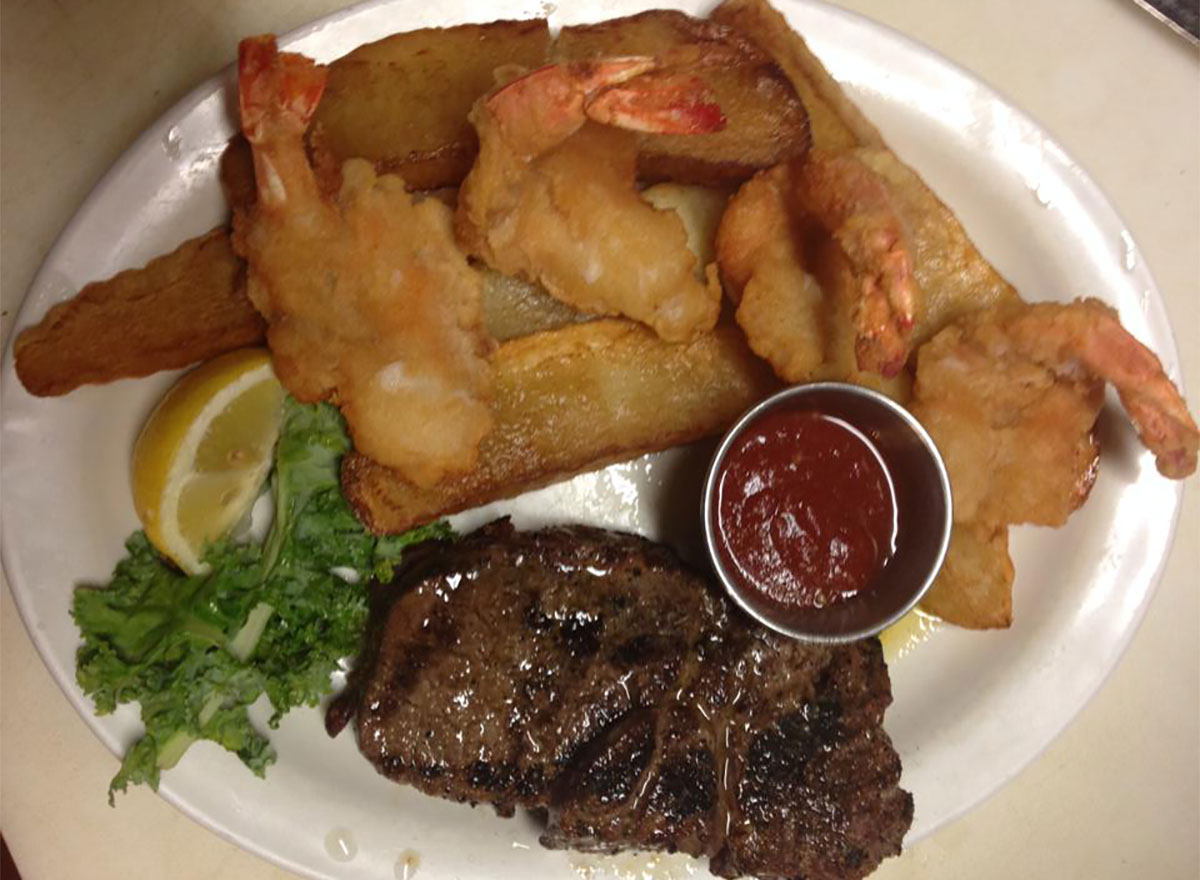 plate of fried food and steak from george's steak pit in alabama