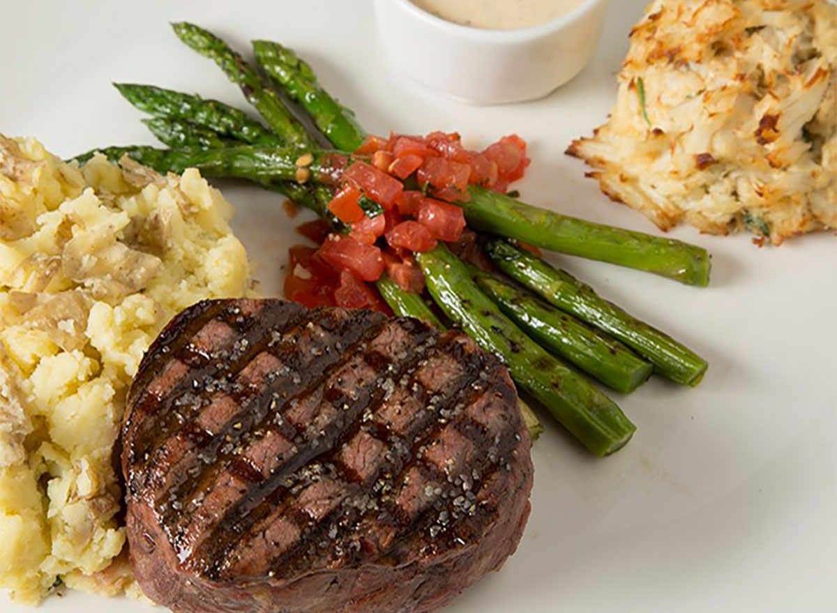 surf and turf platter with steak crab cakes and asparagus