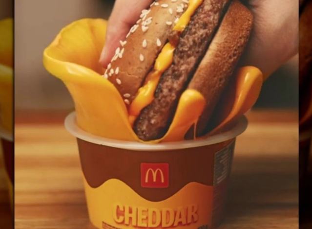 a burger being dipped into a bowl of cheddar cheese from mcdonald's in brazil