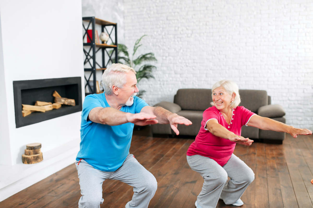 Senior citizen doing squat exercise at home on Craiyon
