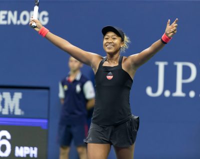 New York, NY - September 6, 2018: Naomi Osaka of Japan celebrate victory in US Open 2018 semifinal match against Madison Keys of USA at USTA Billie Jean King National Tennis Center