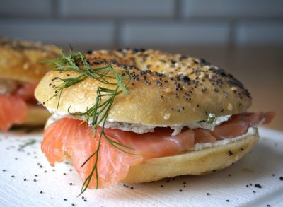 bagel sandwich with cream cheese and smoked salmon