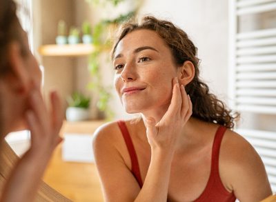 happy woman looks at clear complexion in mirror