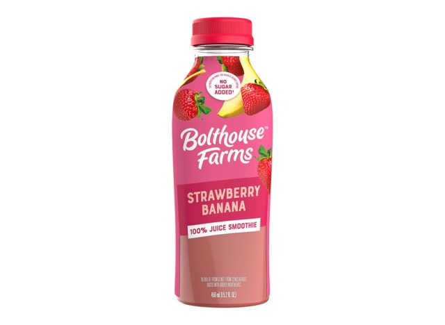 bottle of Bolthouse Farms strawberry banana on a white background