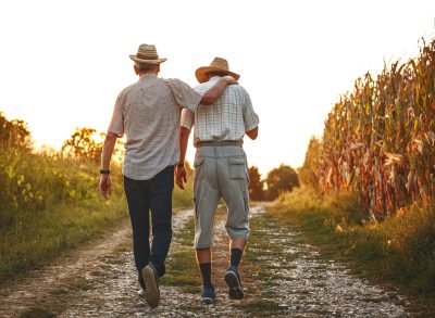 Two friends walking away together