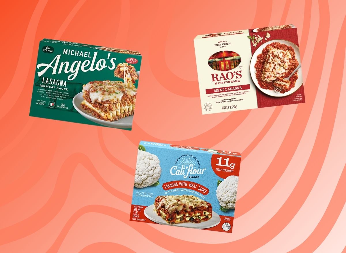 Three packages of frozen store-bought lasagna on a graphic background