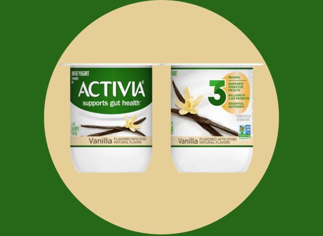 a photo of vanilla activia yogurt on a designed background