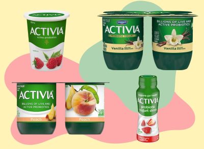 a collage of activia yogurt products on a designed background