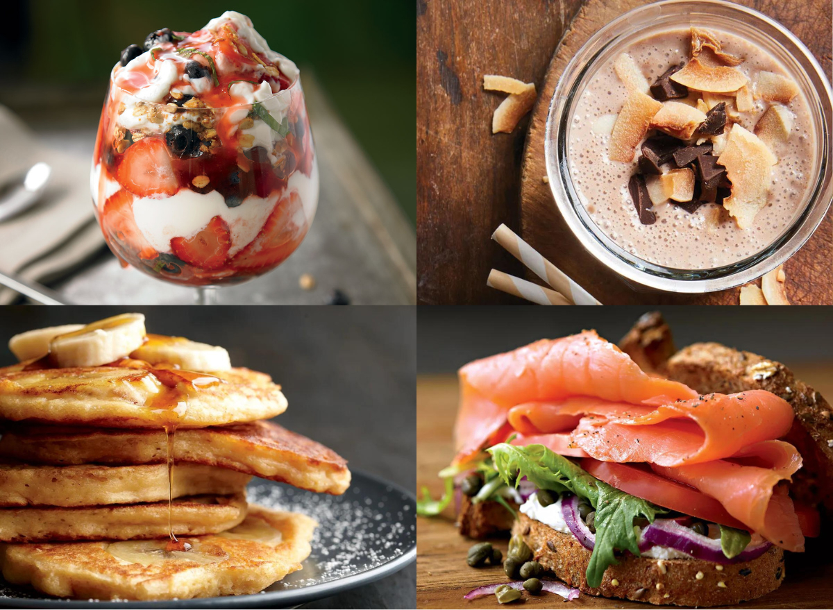 collage of four recipes that are high protein breakfasts without eggs, yogurt parfait, salmon, pancakes, smoothie