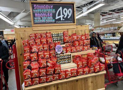 Store display of Trader Joe's Squiggly Knife Cut Noodles