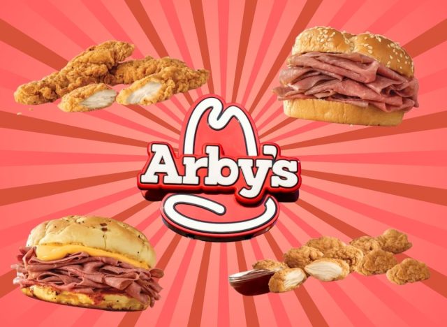 Arby's sign and food items on a red background