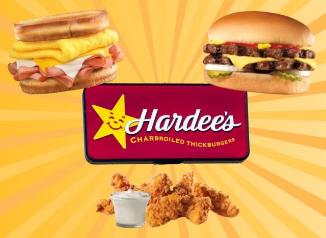 Hardee's sign and food items on a yellow background