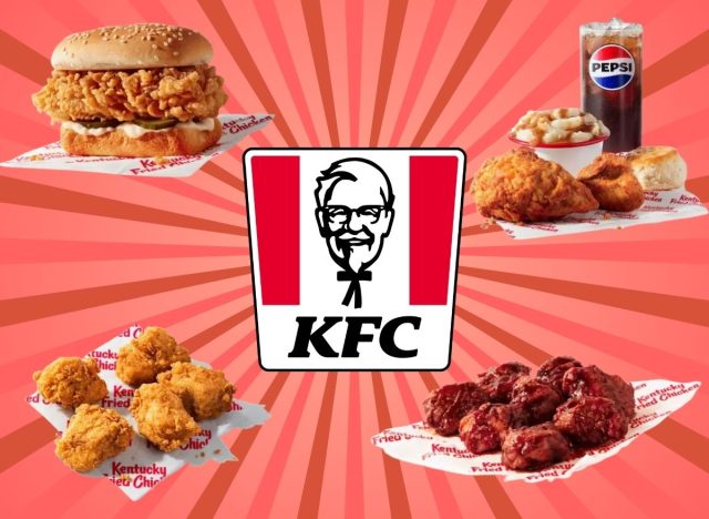 KFC sign and food items on a red striped background